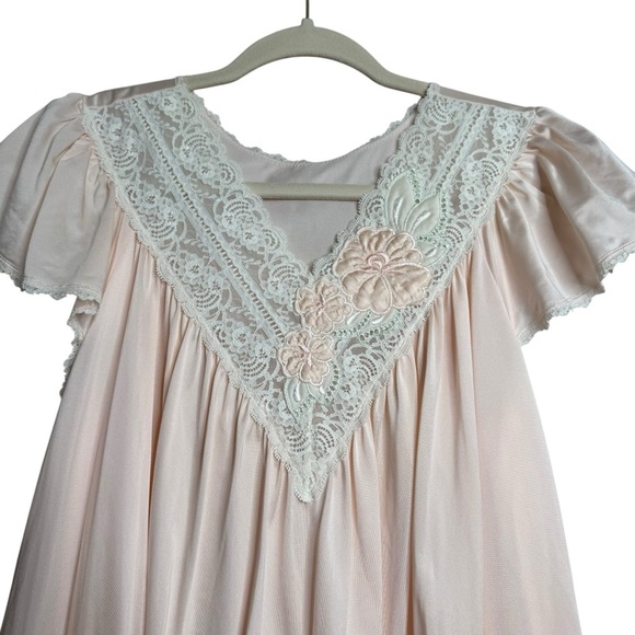 Vintage Shadowline Pink Nightgown With Lace & Pink Flowers Whimsical Small - Picture 4 of 9
